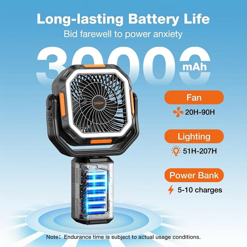 Camping Fan with Detachable Tripod, 30000mAh Rechargeable Fan with LED Lights & 270° Pivot,4 in 1 Cordless Camping Fan, Remote Control Shaking Head Desk Fan for Camping Tent Travel Bedroom Portable Motor summerwins