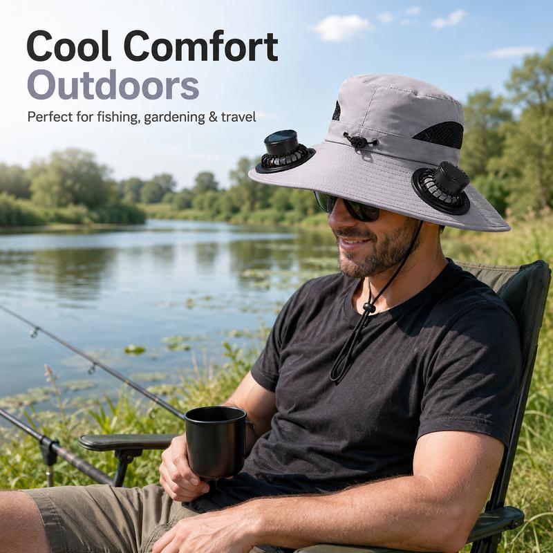 Summer Cooling Fan Hat – Football Viewing USB Rechargeable Bucket Cap with Built-in Air Circulation Fan, Sun Protection for Hiking, Fishing, Camping, Beach, Travel & Outdoor Adventures