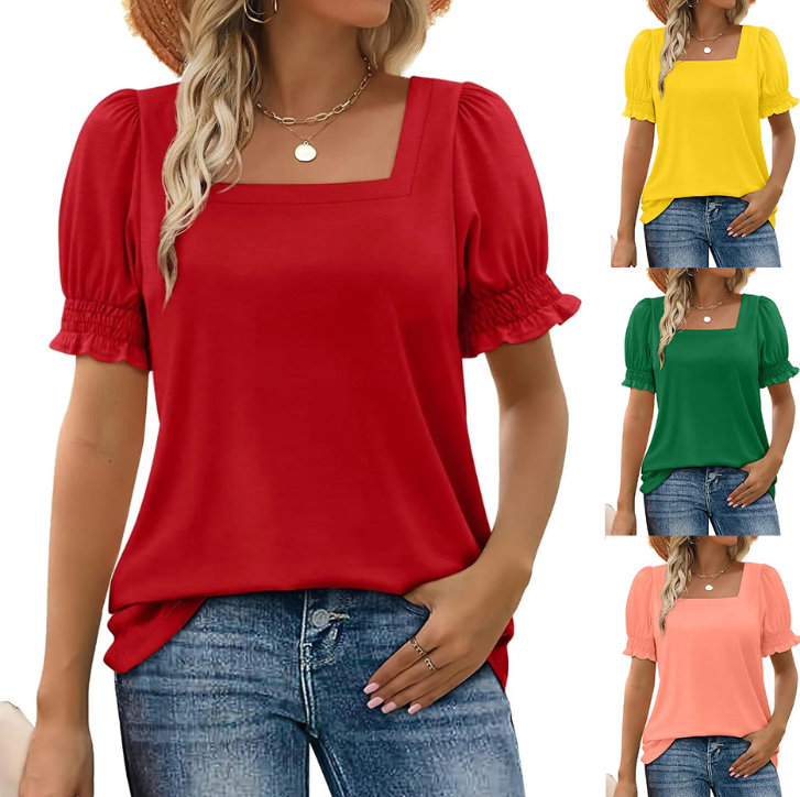 🍃Women's Casual Square Neck Smocked Sleeve T-Shirt(BUY 2✈️ Free shipping）