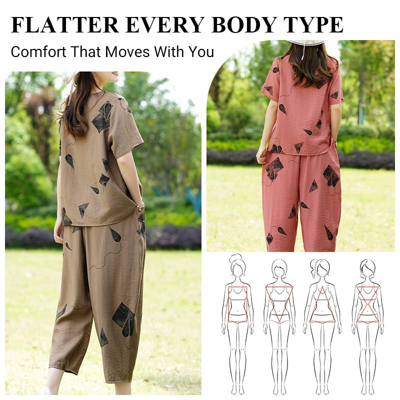 🎉Spring Hot Sale 50% OFF🔥Women's Printed Short-Sleeved Top & Wide-Leg Cropped Pants Set