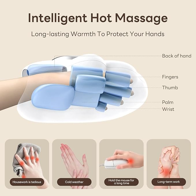 Portable Hand Massager with Heat & Compression, Wireless 3 Modes for Carpal Tunnel Relief