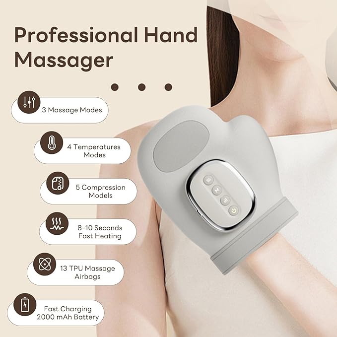 Portable Hand Massager with Heat & Compression, Wireless 3 Modes for Carpal Tunnel Relief