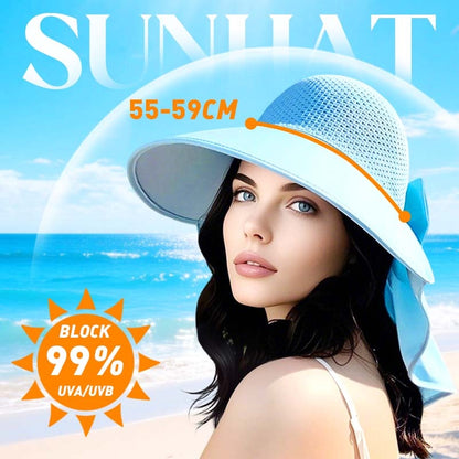 🌞Summer Sun Protection Essentials 👒Large-brim Hollow Sunscreen Hat with Removable Neck Shawl