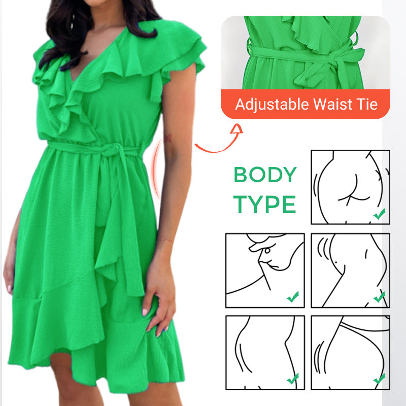 🎉Summer New Arrivals👗Women's Elegant Waist Tie V-Neck Ruffle Dress