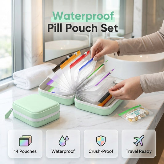 🎉 2026 Sale — Over 9,000 Sold! 💊 A8 Waterproof Pill Pouch Set – 14 Color-Coded Pouches, Crush-Proof Shell, Up to 2 Weeks of Meds! ✨