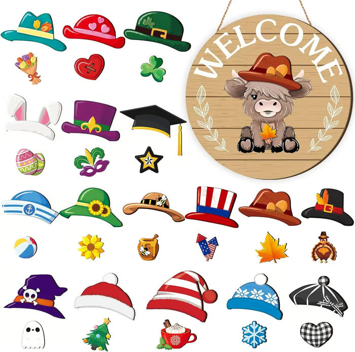 🐇 Easter Sale: 50% OFF！！💥Highland Cow Sign Interchangeable Welcome Sign with Magnet Detachable Hats Cute Cattle Hanging
