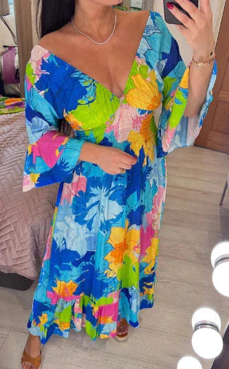 🎊Mother's Day Limited Time 50% OFF💃V-neck Floral Seaside Vacation Loose Dress