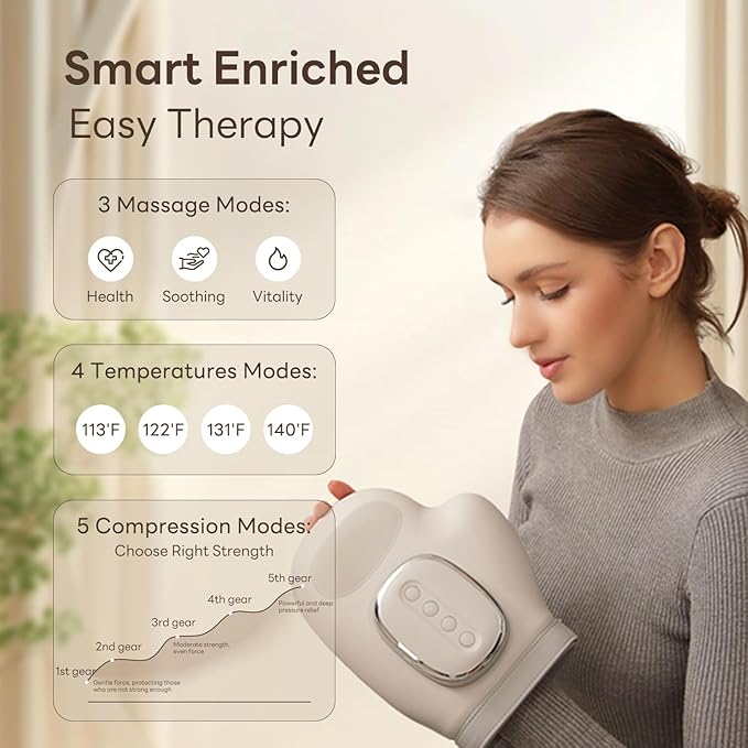 Portable Hand Massager with Heat & Compression, Wireless 3 Modes for Carpal Tunnel Relief