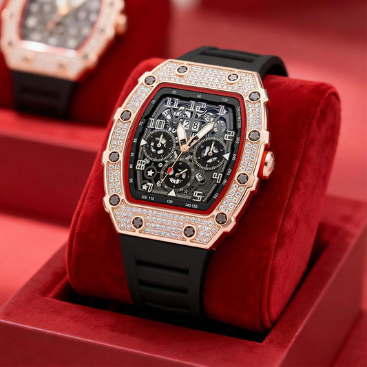 Men's Luxury barrel-shaped watch Rhinestone Embellished Watch