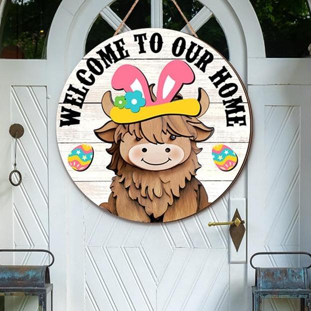 🐇 Easter Sale: 50% OFF！！💥Highland Cow Sign Interchangeable Welcome Sign with Magnet Detachable Hats Cute Cattle Hanging