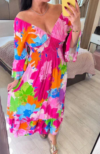 🎊Mother's Day Limited Time 50% OFF💃V-neck Floral Seaside Vacation Loose Dress