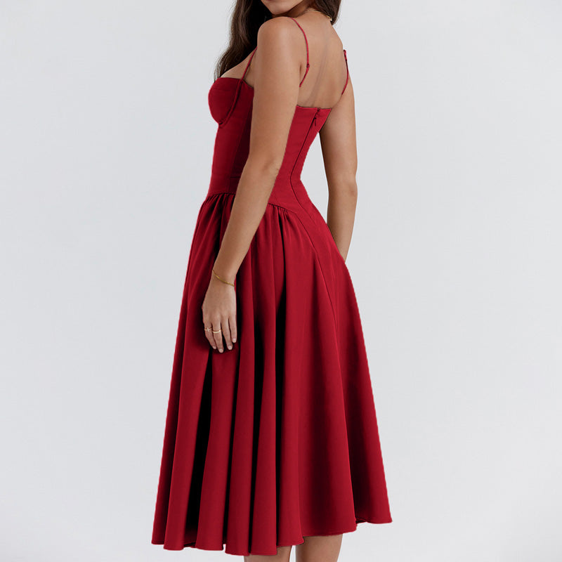 💕Spring New💃Spaghetti Strap Pleated Corset Midi Dress with Pocket