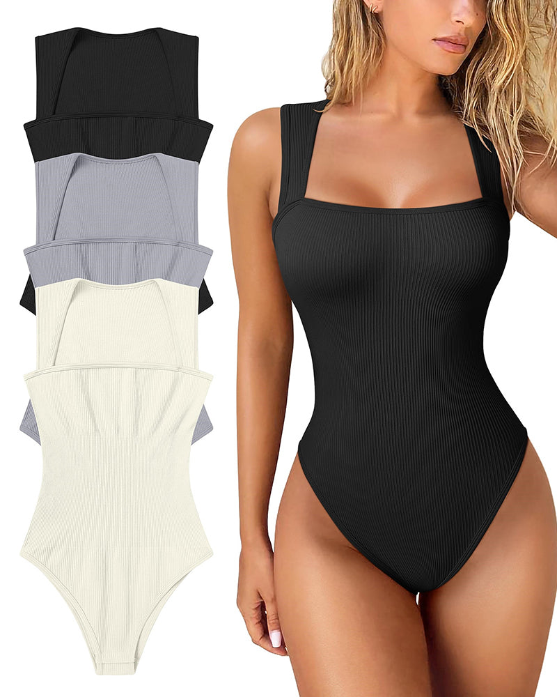🔥Hot Sale Buy 1 Get 1 Free🩱Sexy Ribbed Strappy Square Neck Sleeveless Tummy Control Tank Tops Bodysuits