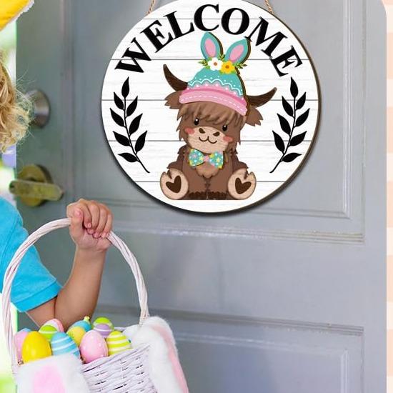 🐇 Easter Sale: 50% OFF！！💥Highland Cow Sign Interchangeable Welcome Sign with Magnet Detachable Hats Cute Cattle Hanging