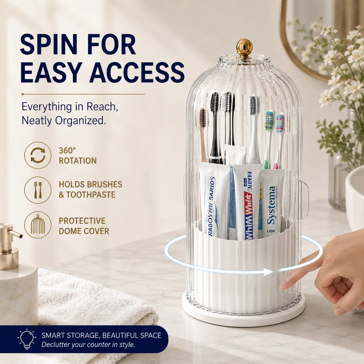 ⏳ Time-Limited Special ⏰🪥 Sliding Lid Toothbrush Organiser – 360° Spin, Dustproof & Space-Smart ✨