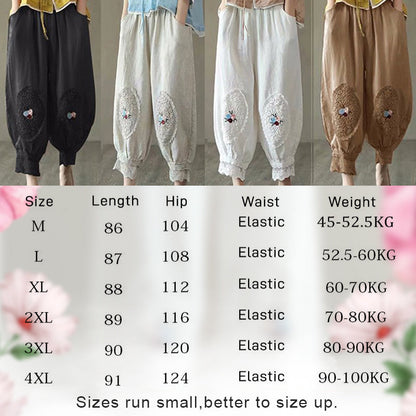 Women's Lace Embroidered Linen Cotton Bloomers Pants