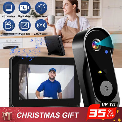 Wireless doorbell camera: 1080P, 170° angle, 4.3-inch screen, IPX65 outdoor waterproof rating, night vision