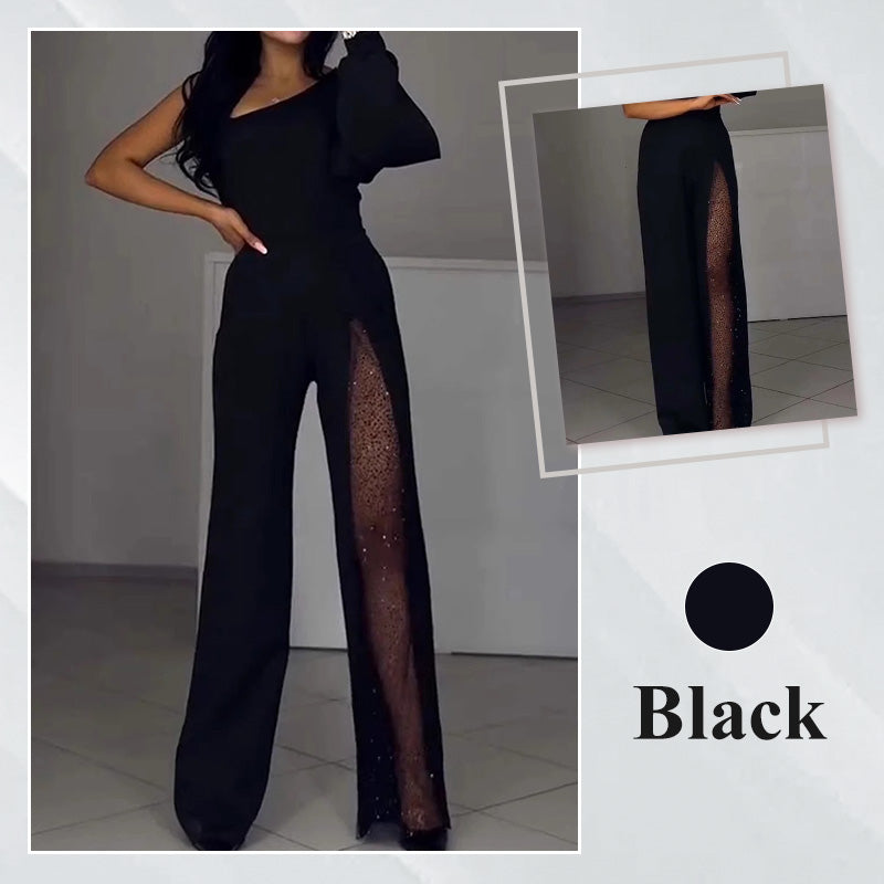 ✨👠Sparkling One Shoulder Mesh Flared Jumpsuit🖤