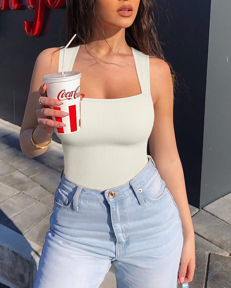🔥Hot Sale Buy 1 Get 1 Free🩱Sexy Ribbed Strappy Square Neck Sleeveless Tummy Control Tank Tops Bodysuits