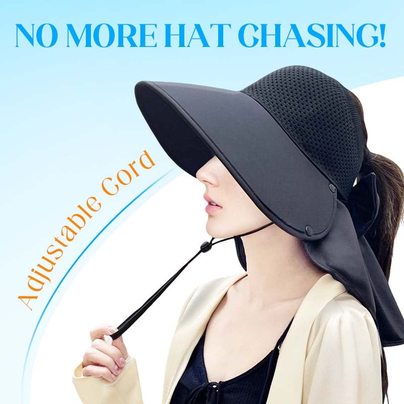🌞Summer Sun Protection Essentials 👒Large-brim Hollow Sunscreen Hat with Removable Neck Shawl