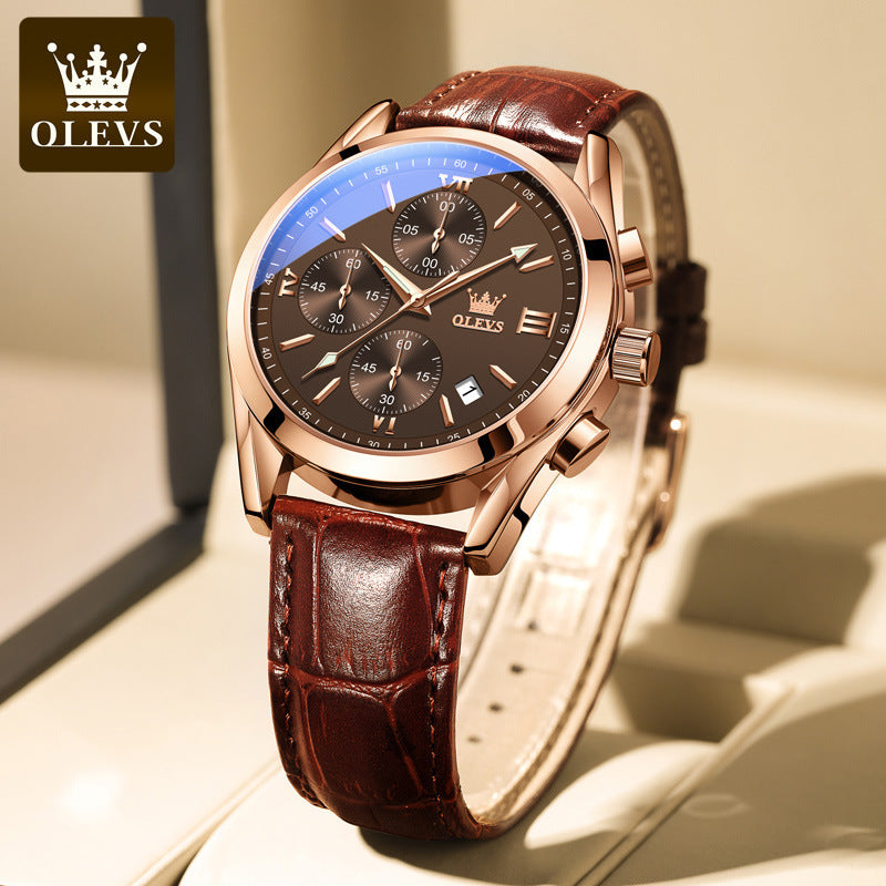 ⏰Hot Sale 50% OFF💥💥OLEVS Triple-Eye Six-Hand Leather Casual Chronograph Men's Watch