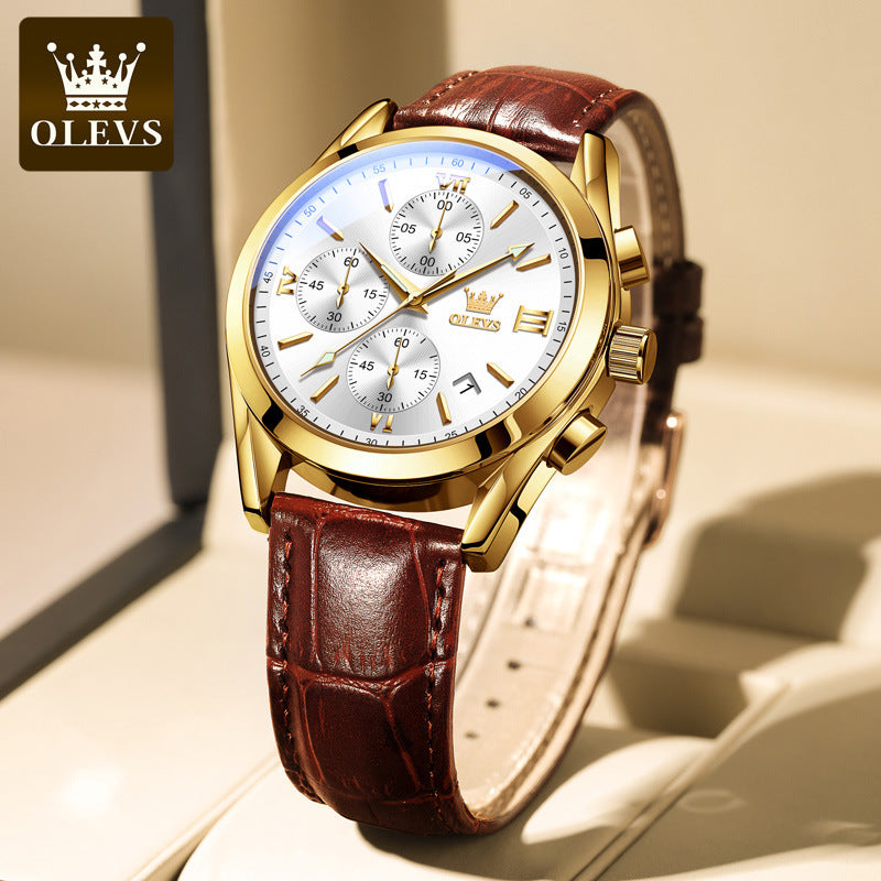 ⏰Hot Sale 50% OFF💥💥OLEVS Triple-Eye Six-Hand Leather Casual Chronograph Men's Watch