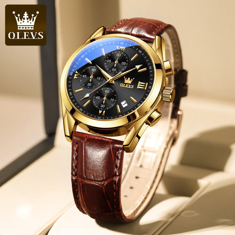 ⏰Hot Sale 50% OFF💥💥OLEVS Triple-Eye Six-Hand Leather Casual Chronograph Men's Watch