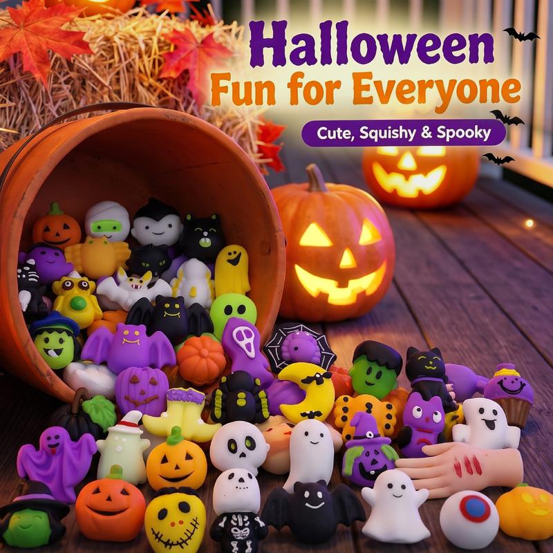 Halloween Squishies Stress Relief Toy Set, Classic Pumpkin/Ghost/Bat Shapes, Super Soft TPR Material with Elastic Squeeze Feel, Washable & Durable, Assorted 24 pcs for Party Favors, Classroom Rewards & Trick-or-Treat