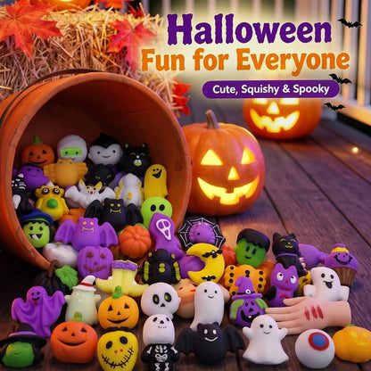 Halloween Squishies Stress Relief Toy Set, Classic Pumpkin/Ghost/Bat Shapes, Super Soft TPR Material with Elastic Squeeze Feel, Washable & Durable, Assorted 24 pcs for Party Favors, Classroom Rewards & Trick-or-Treat