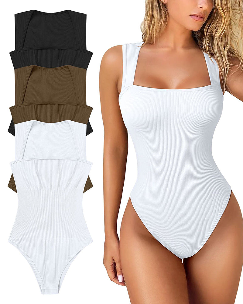🔥Hot Sale Buy 1 Get 1 Free🩱Sexy Ribbed Strappy Square Neck Sleeveless Tummy Control Tank Tops Bodysuits