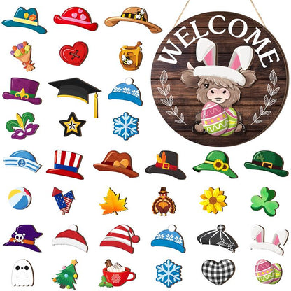 🐇 Easter Sale: 50% OFF！！💥Highland Cow Sign Interchangeable Welcome Sign with Magnet Detachable Hats Cute Cattle Hanging