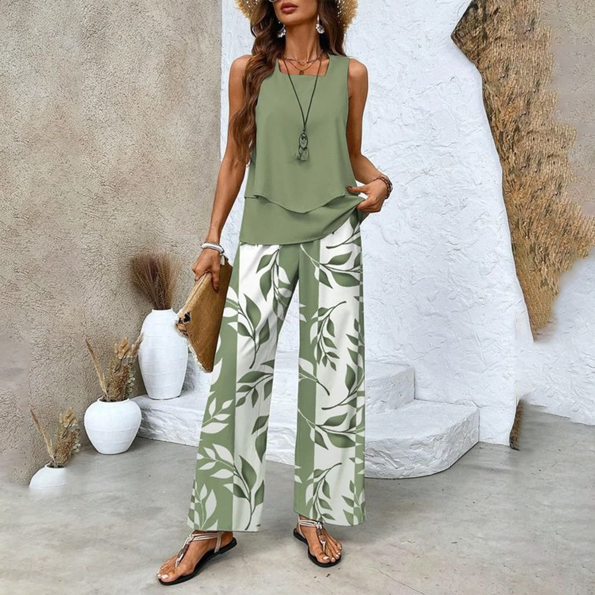 🎉Weekend Promotion 50% OFF🌺Women’s Trendy Print 2 Piece Outfits Sleeveless Top & Pants✨