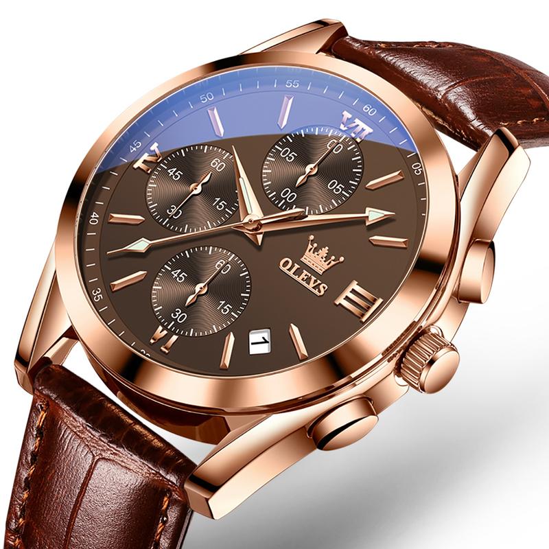 ⏰Hot Sale 50% OFF💥💥OLEVS Triple-Eye Six-Hand Leather Casual Chronograph Men's Watch