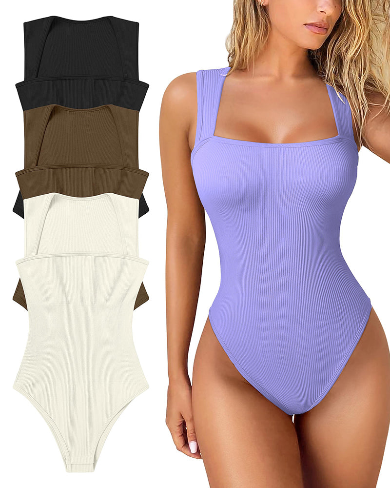 🔥Hot Sale Buy 1 Get 1 Free🩱Sexy Ribbed Strappy Square Neck Sleeveless Tummy Control Tank Tops Bodysuits