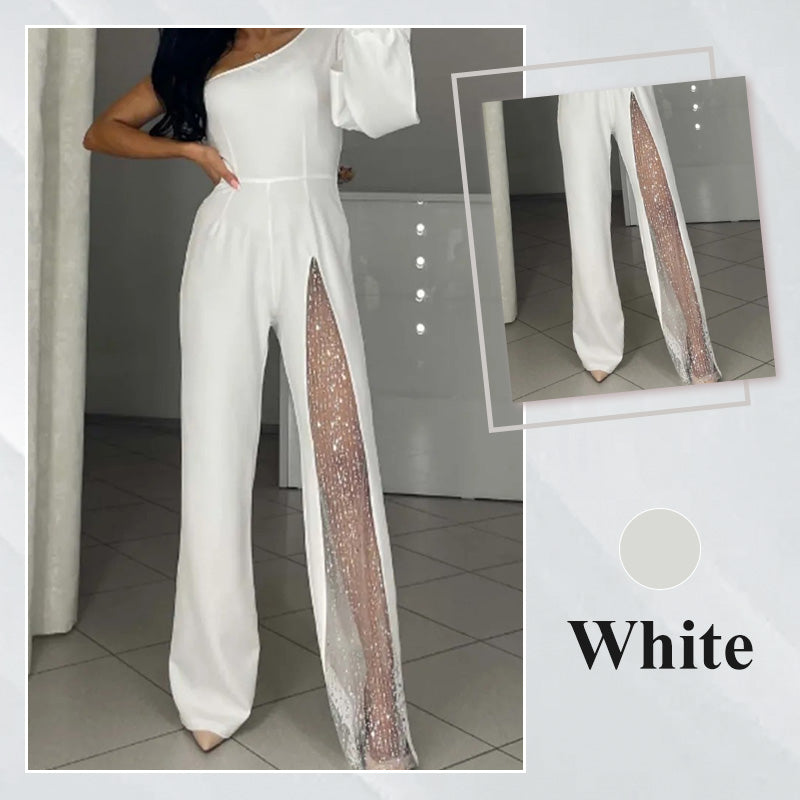✨👠Sparkling One Shoulder Mesh Flared Jumpsuit🖤