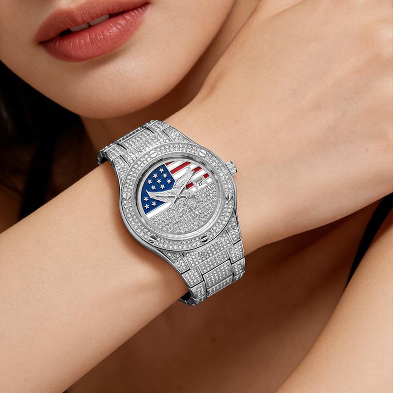 Iced Out Gold US Flag Eagle Watch Diamond Quartz Watch