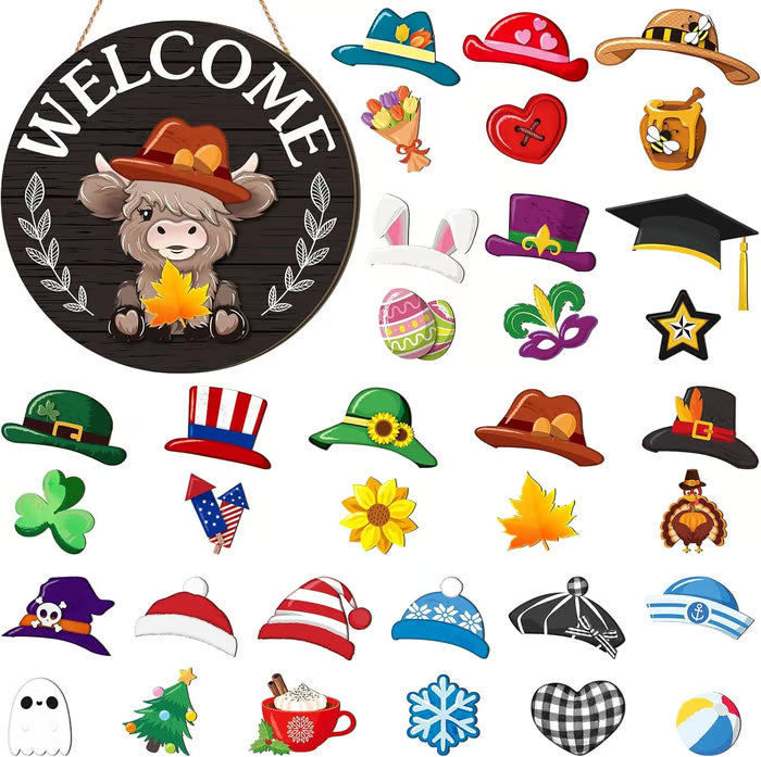 🐇 Easter Sale: 50% OFF！！💥Highland Cow Sign Interchangeable Welcome Sign with Magnet Detachable Hats Cute Cattle Hanging