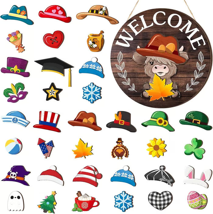 🐇 Easter Sale: 50% OFF！！💥Highland Cow Sign Interchangeable Welcome Sign with Magnet Detachable Hats Cute Cattle Hanging