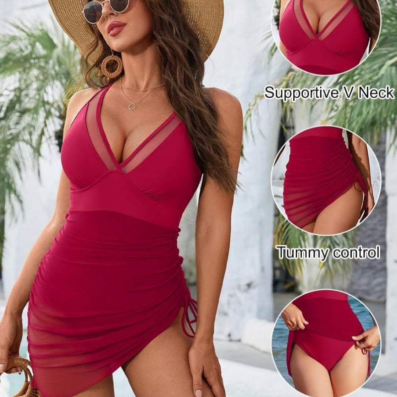 🏝️👙Last Day Sale 50% OFF 🍧Slimming Mesh Sheer Sarong Wraps Tummy Control Swimsuit - Light and Graceful, Show Off Your Perfect Curves!