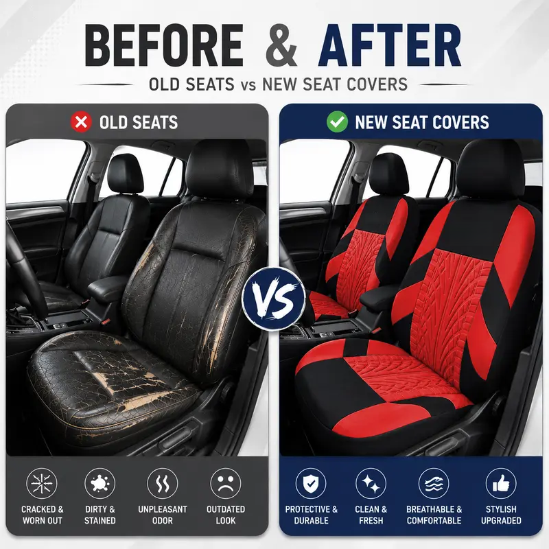 Car Seat Covers for 5 Seats Universal, Fabric Breathable Car Front & Rear Seat Protectors, Airbag Compatible, Full Protection, Fits Most Cars Trucks Vans SUVs, Red Gray Black Blue Seat Covers, Car Decor Gift, Truck Accessories, Car Interior Accessori