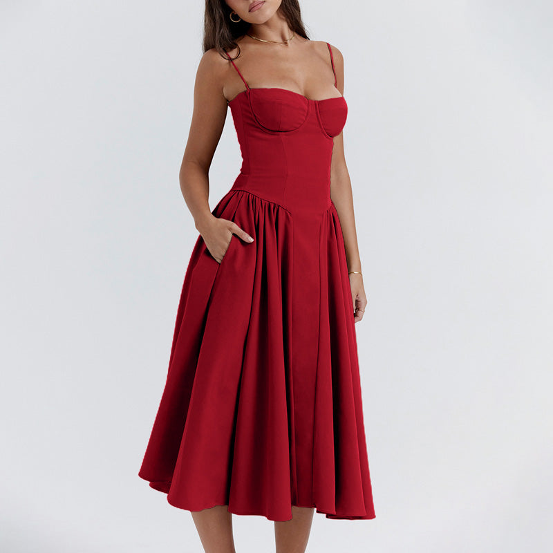 💕Spring New💃Spaghetti Strap Pleated Corset Midi Dress with Pocket