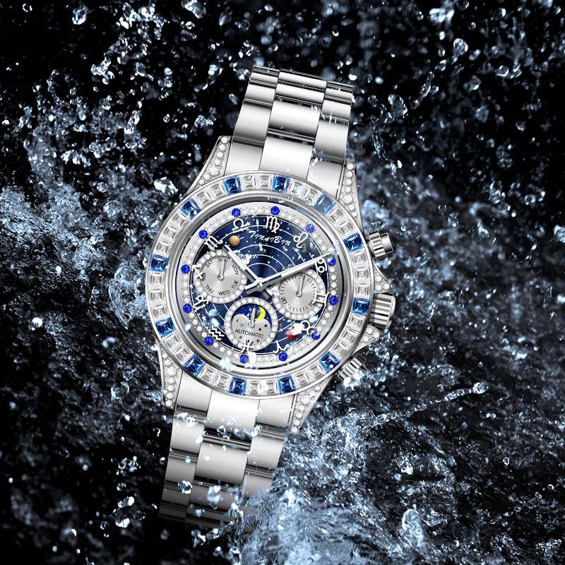 TINAIBIN Twelve Zodiac Signs & Starry Sky Diamond Automatic Skeleton Men's Watch
