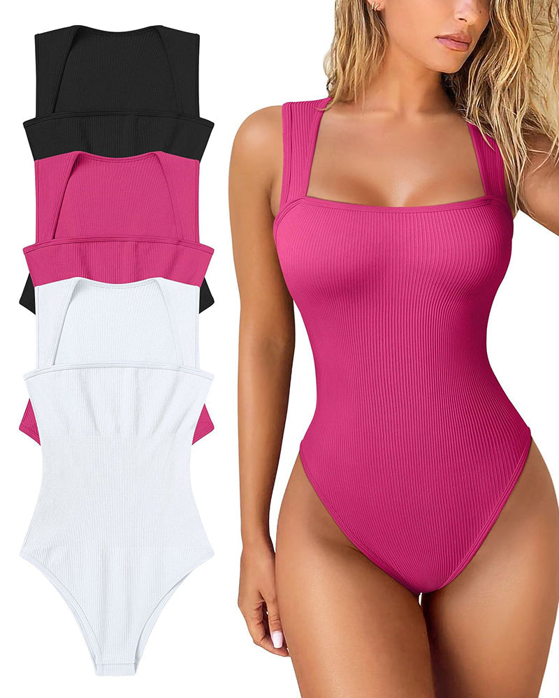 🔥Hot Sale Buy 1 Get 1 Free🩱Sexy Ribbed Strappy Square Neck Sleeveless Tummy Control Tank Tops Bodysuits