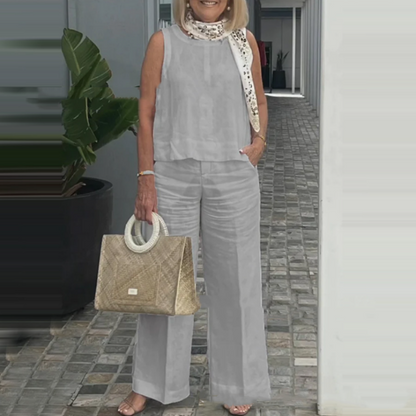 🥼👜Women's Simple Breathable Suit - Round-Neck Sleeveless Top & Wide-Leg Pants