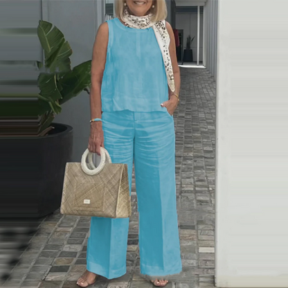 🥼👜Women's Simple Breathable Suit - Round-Neck Sleeveless Top & Wide-Leg Pants