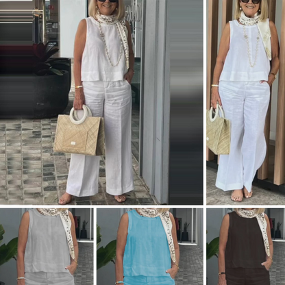 🥼👜Women's Simple Breathable Suit - Round-Neck Sleeveless Top & Wide-Leg Pants