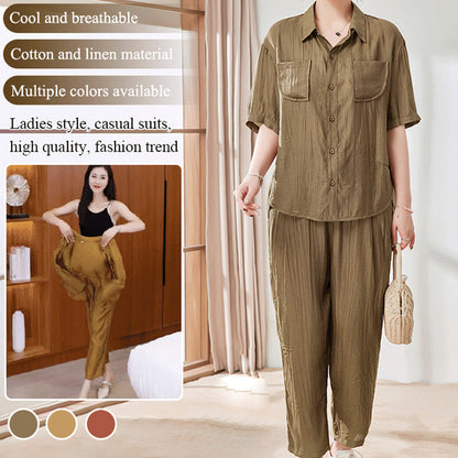 Casual Solid Color Short Sleeve Shirt & Ankle Pants 2 Piece Set