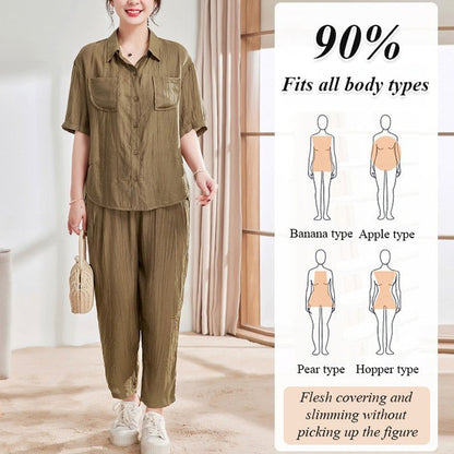 Casual Solid Color Short Sleeve Shirt & Ankle Pants 2 Piece Set