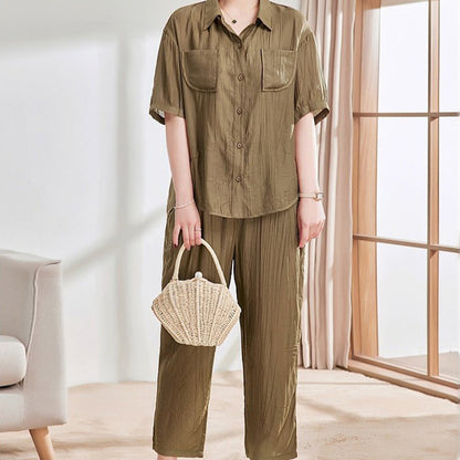 Casual Solid Color Short Sleeve Shirt & Ankle Pants 2 Piece Set