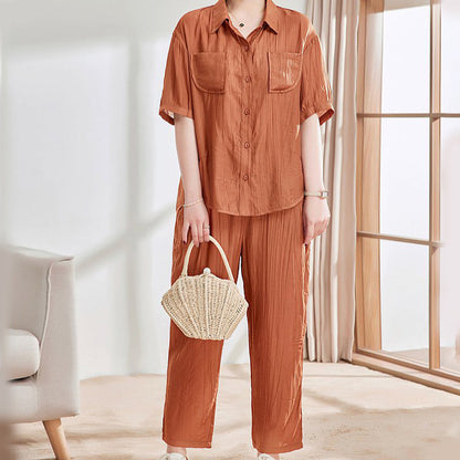 Casual Solid Color Short Sleeve Shirt & Ankle Pants 2 Piece Set